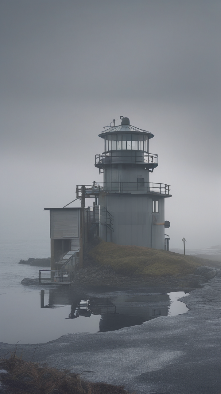 A coastal fog horn station in Pacific Northwest winter — fog