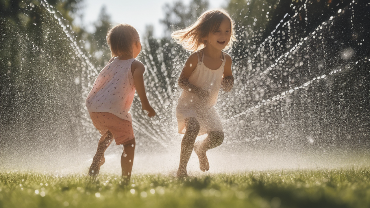 Children running through a summer sprinkler