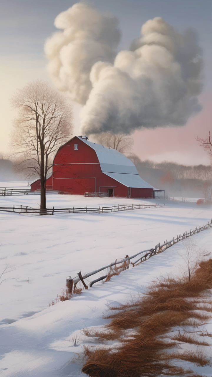 A winter morning on a farm — breath visible