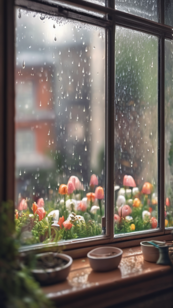 Spring rain on a window — the street outside blurred by drops running down