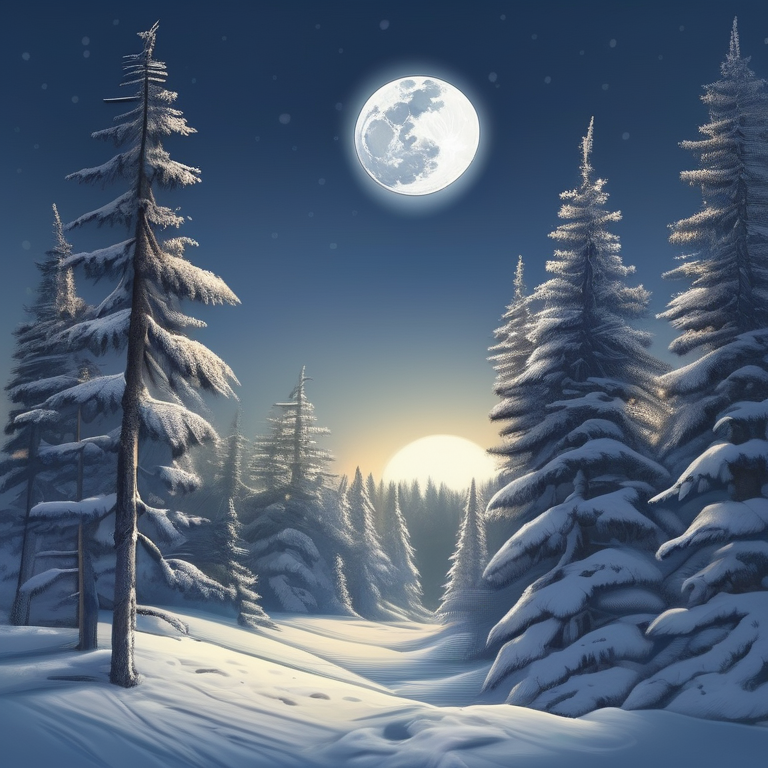 A December full moon over a snowy pine forest