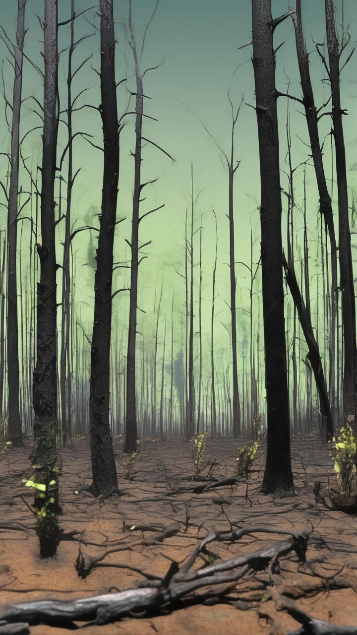The first green shoots after a forest fire — black burnt trees with tiny green emerging