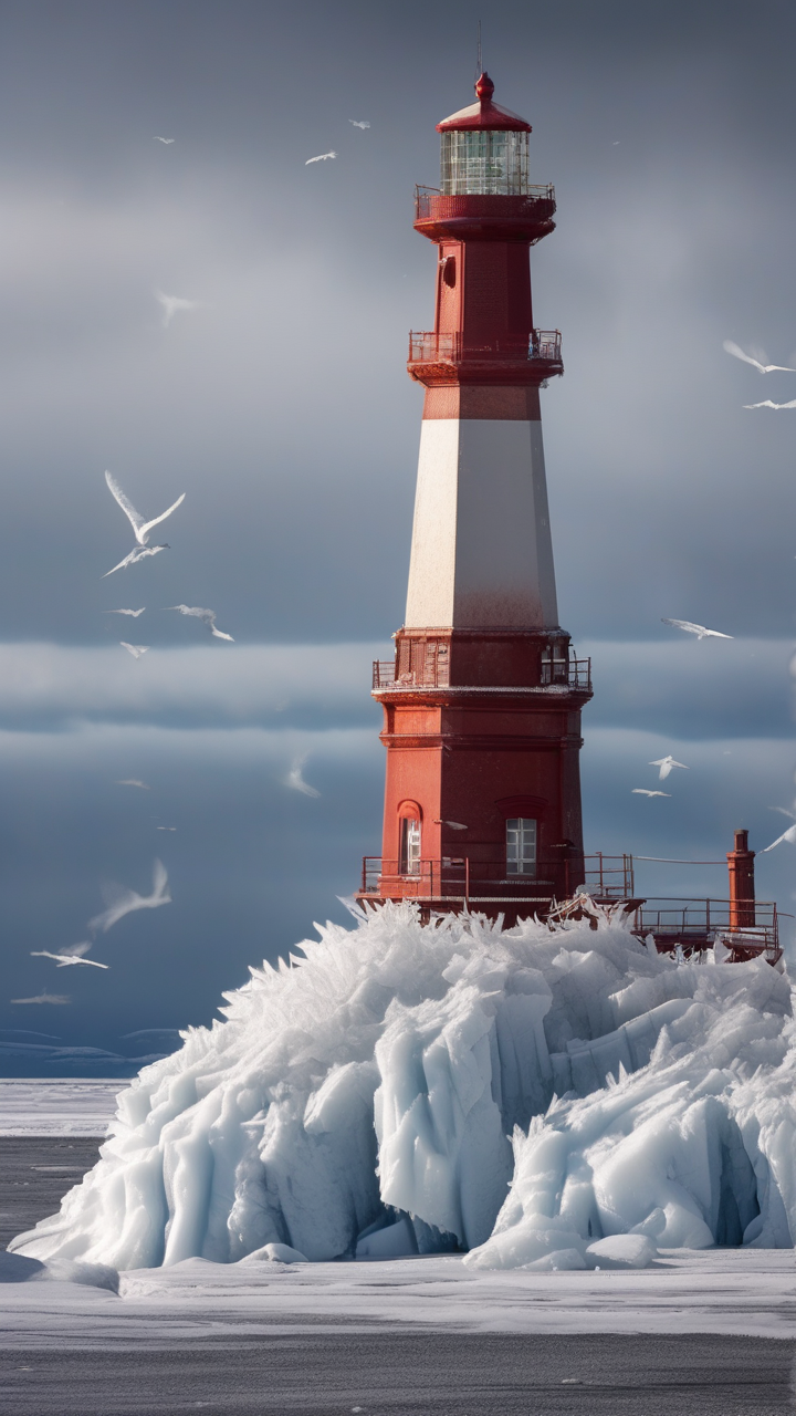 Rime ice forming on a lighthouse — ice crystals building up from sea spray