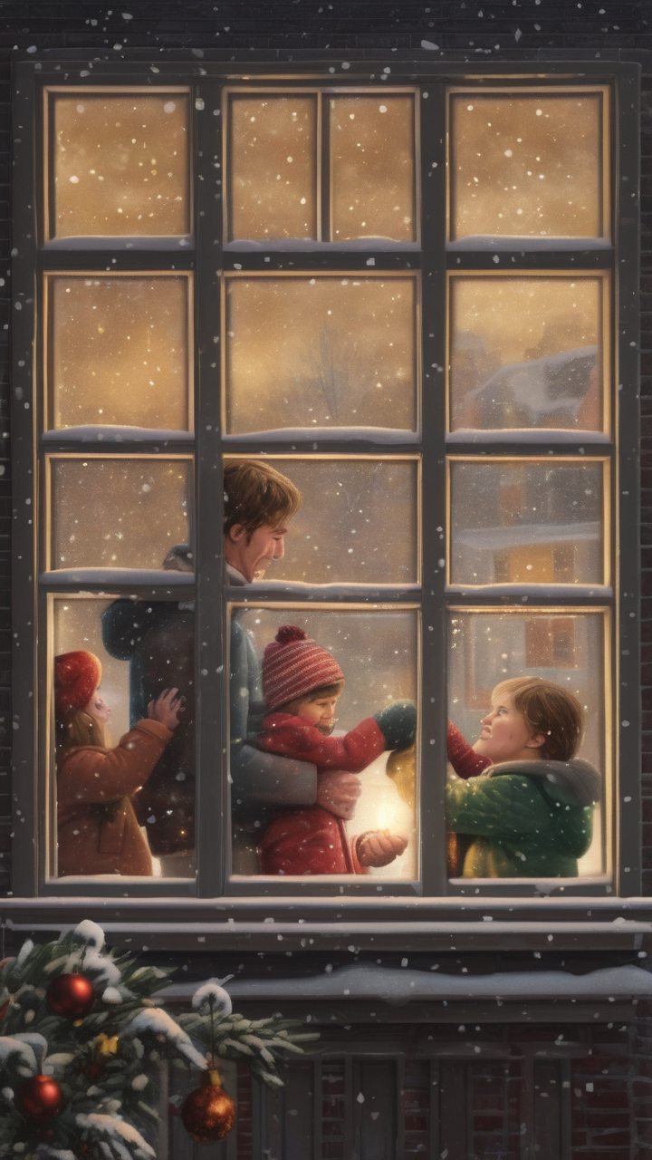 A Christmas Eve snowstorm — a lit window showing a family inside