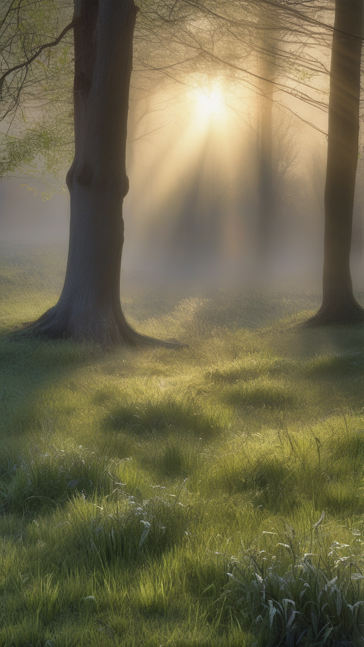 First light after a spring fog — sunbeams through misty meadow