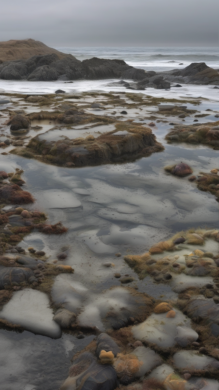 Tide pools at low tide in winter — marine life exposed