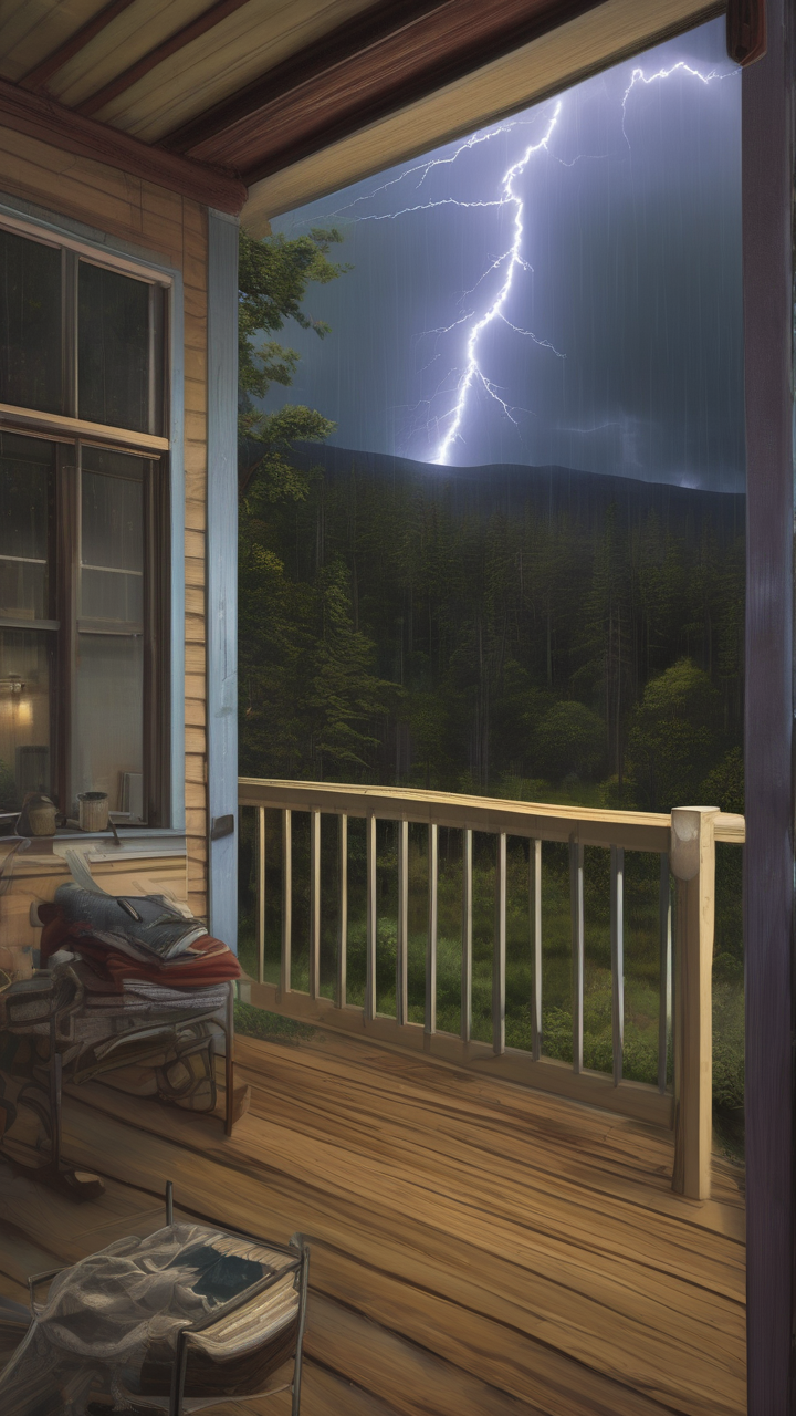 A summer electrical storm seen from a cabin porch — lightning frequency high