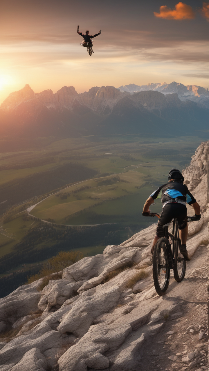 A mountain biker flying off a cliff-edge trail
