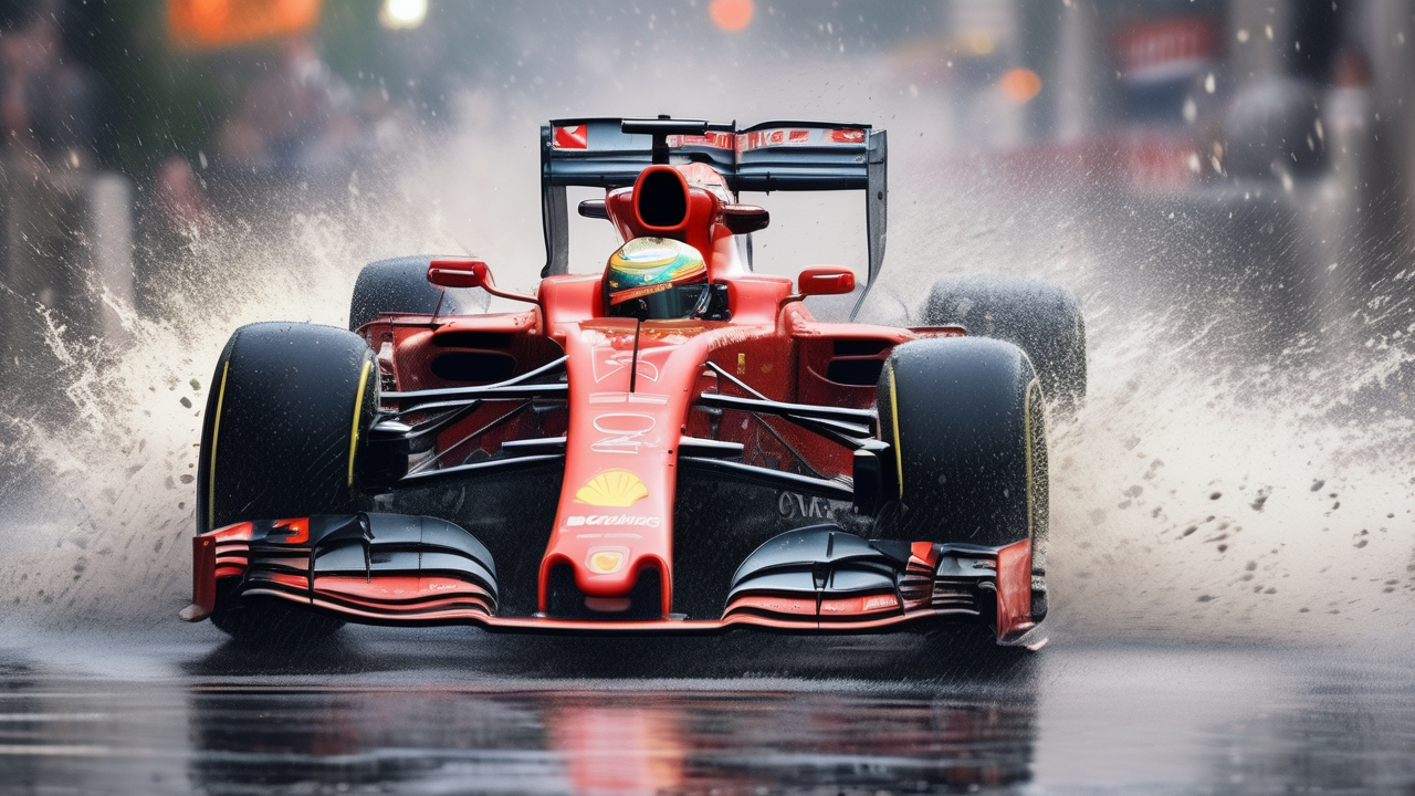 A Formula 1 car cornering in the rain