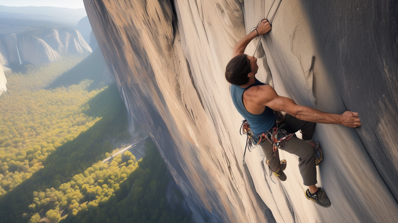A rock climber free soloing El Capitan — one hand and one foot on the rock face