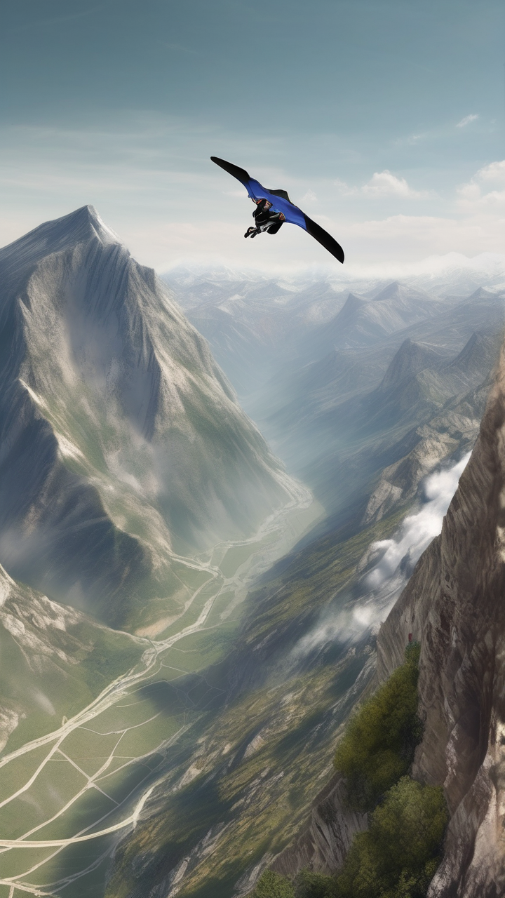 A wing suit flyer skimming a mountain ridge