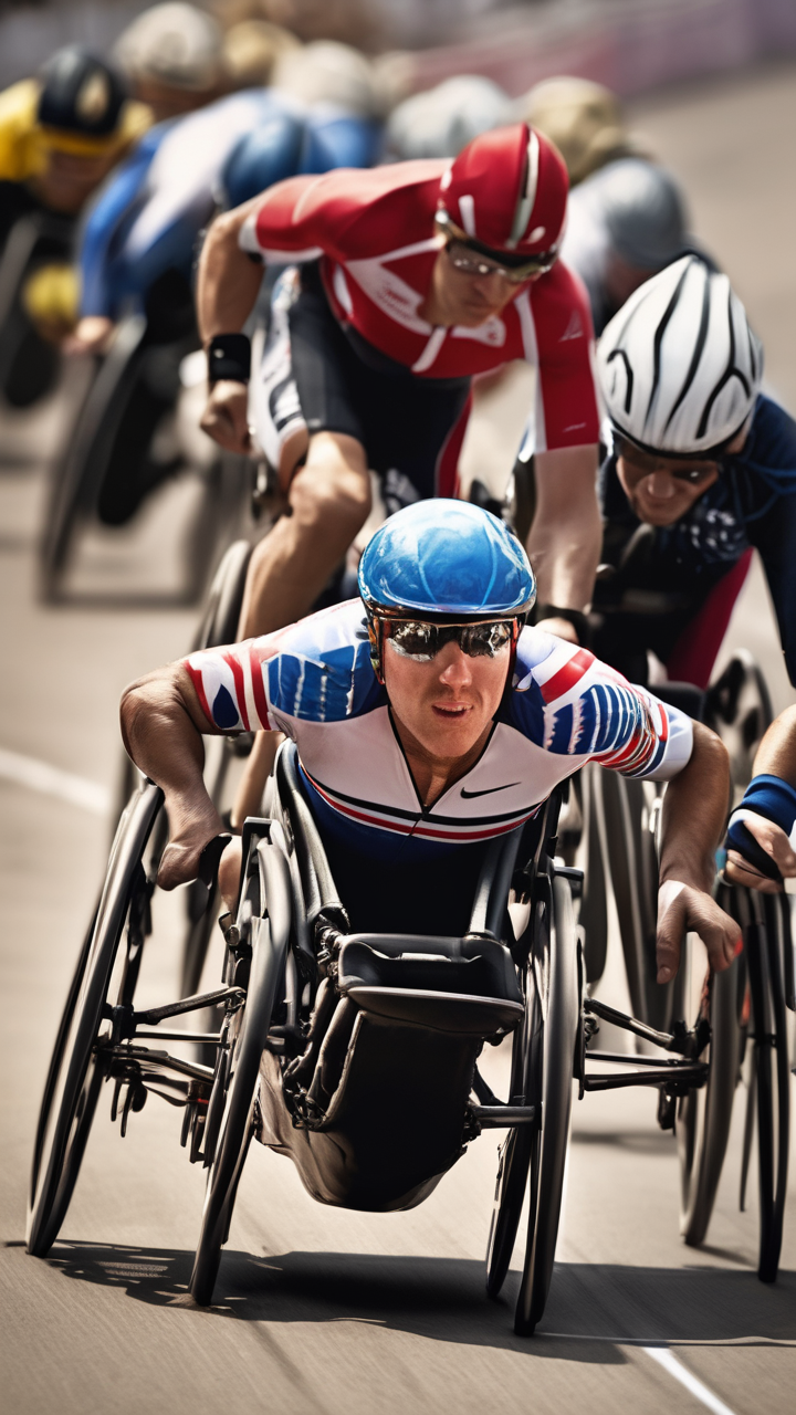A Paralympic wheelchair racer leading the pack on the final bend