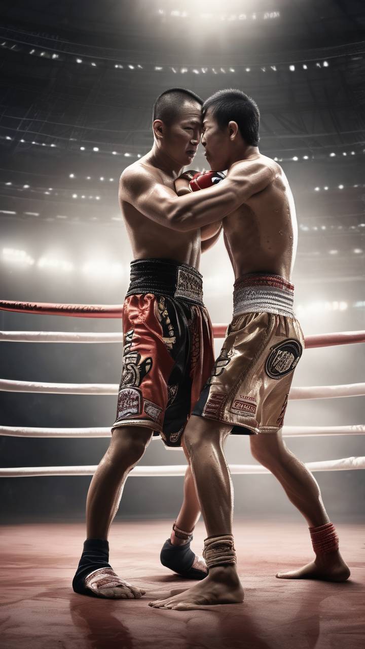 Two Muay Thai fighters in a clinch