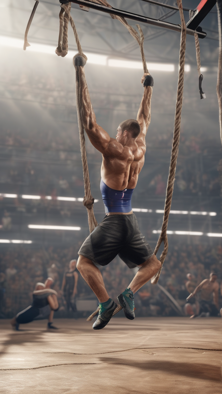 Competitive CrossFit — an athlete at the top of a rope climb