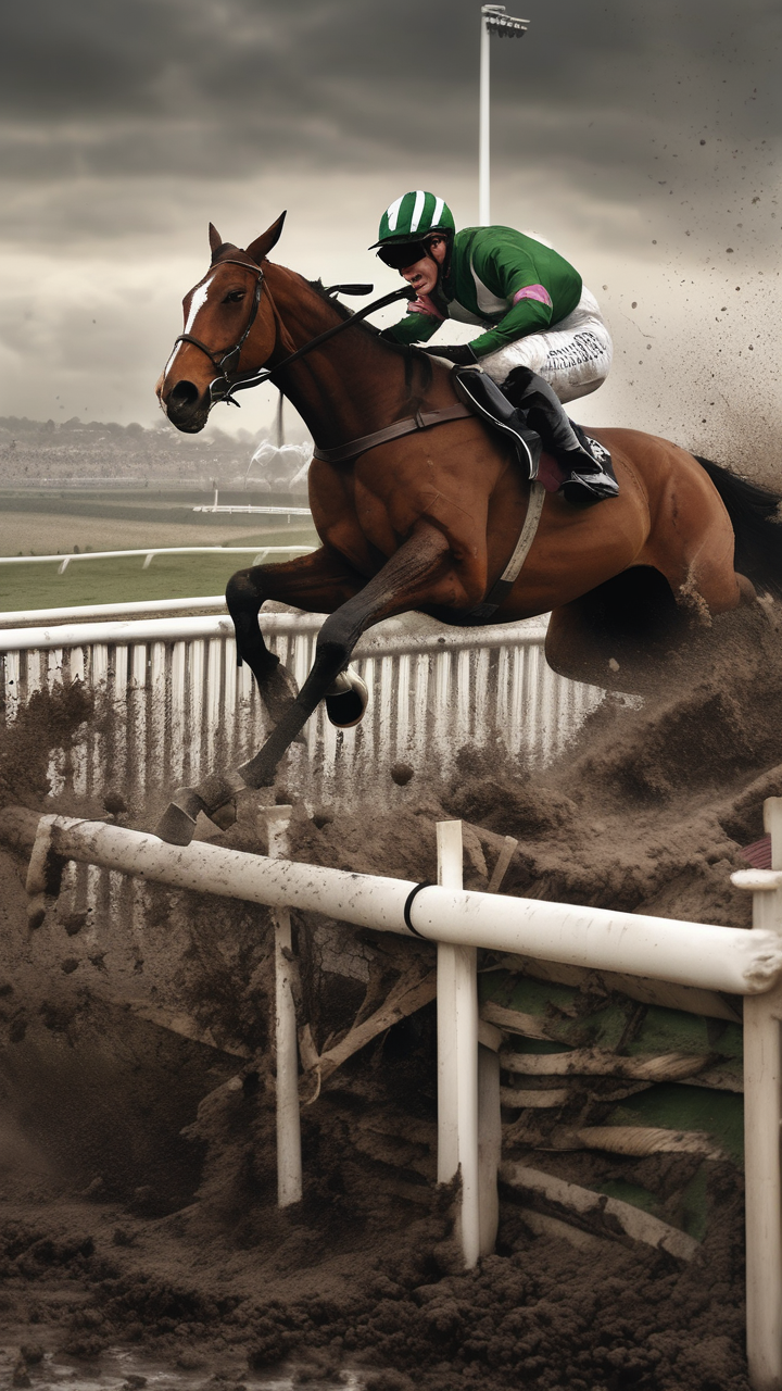 A jockey and horse clearing the last fence at Cheltenham