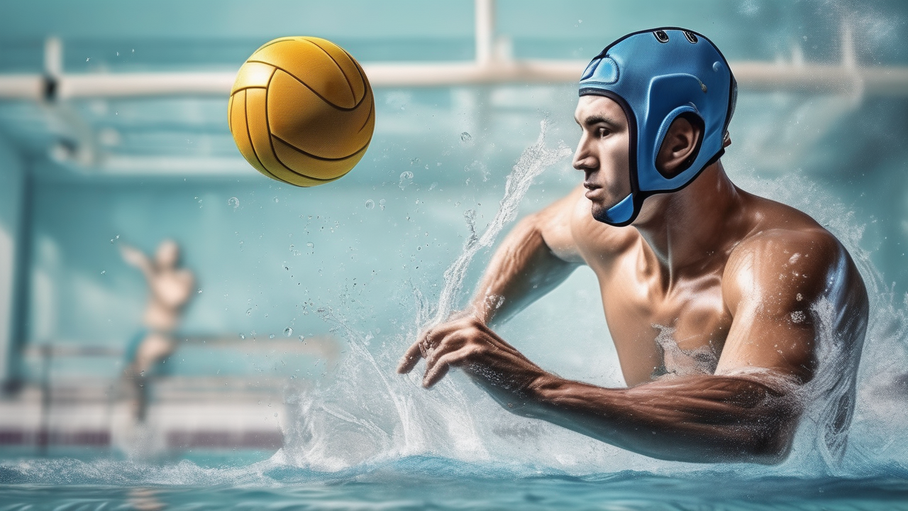 A water polo player rising from the pool to shoot