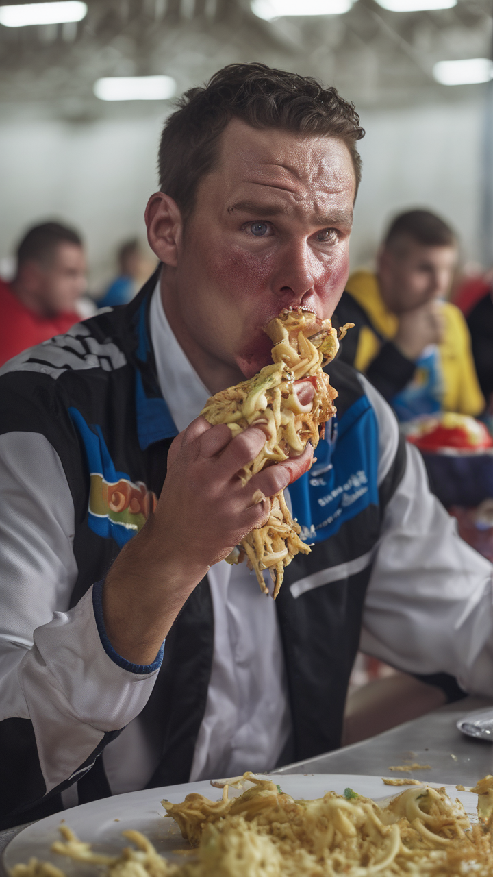 A competitive eater at a championship — not glamorous but human focus and commitment