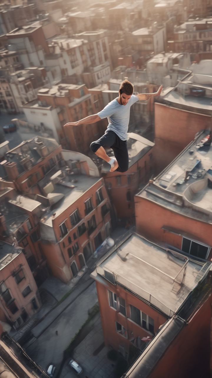 Parkour athlete leaping between rooftops in an urban environment