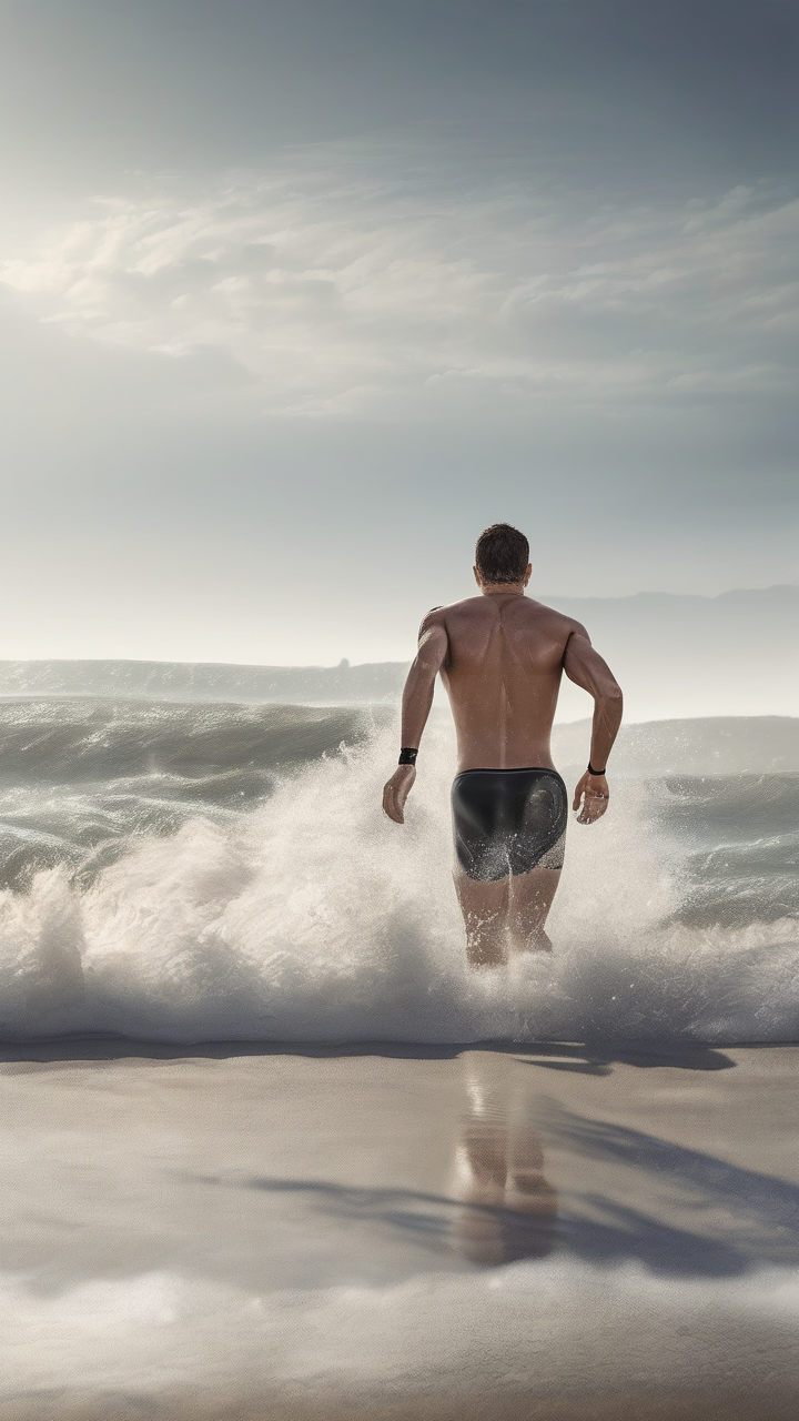 A triathlete emerging from the ocean swim