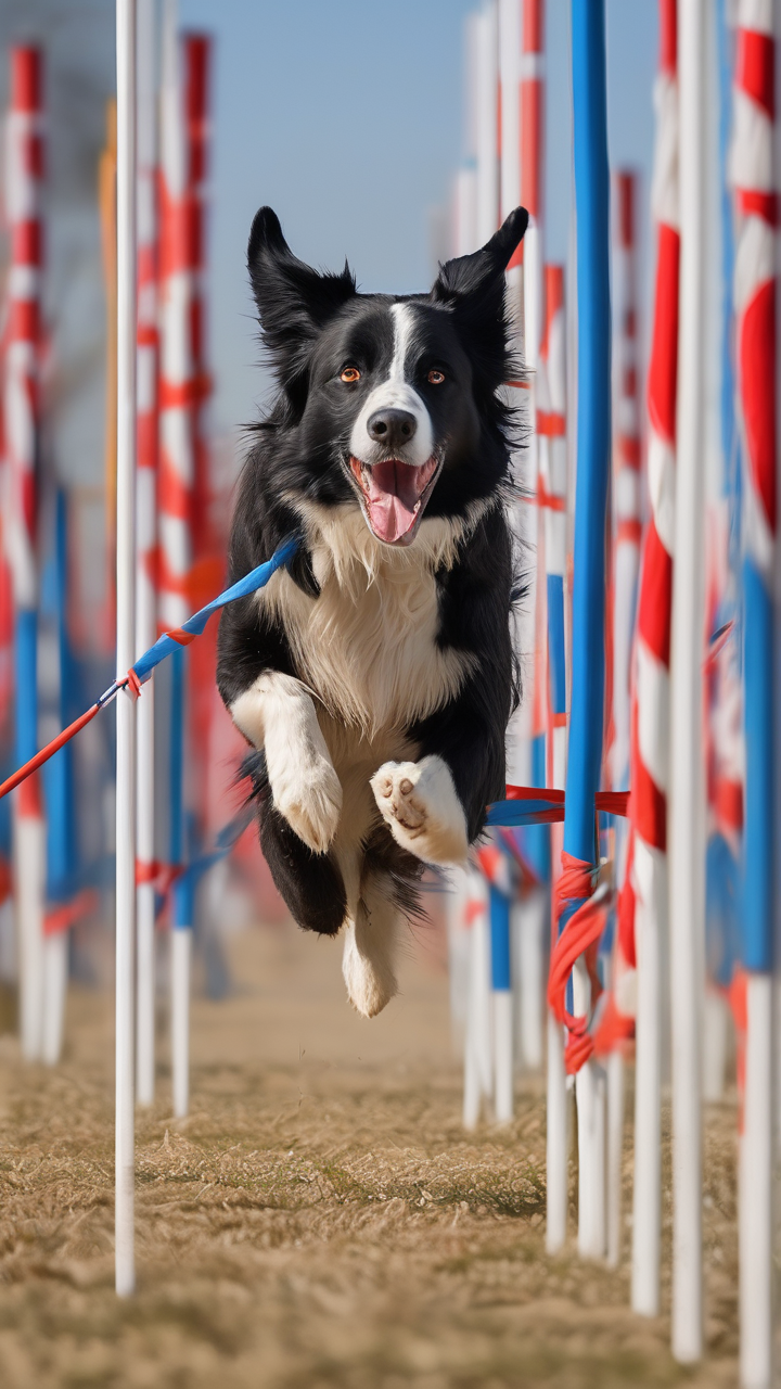 A competitive dog agility run — Border Collie and handler perfectly synchronized through weave poles
