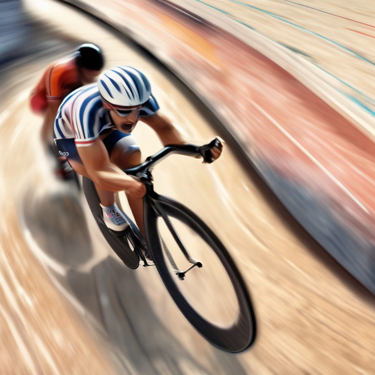 A velodrome track cyclist at peak speed