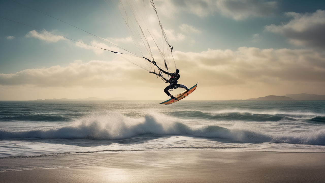 A kitesurfer launching above the ocean