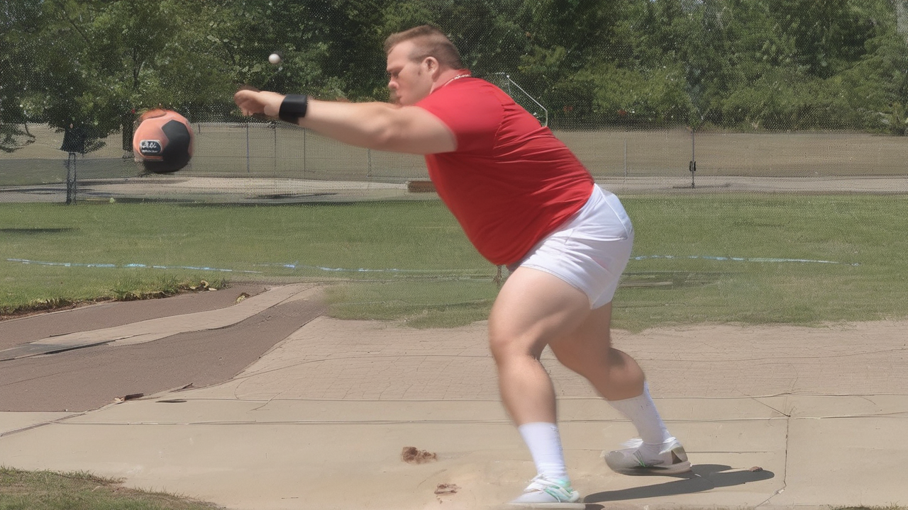 A shot-putter at the release moment