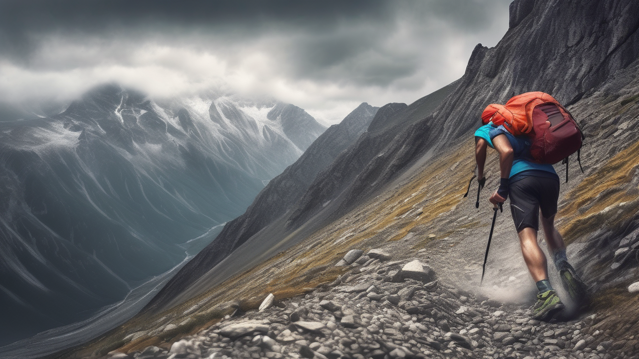 An extreme mountain runner descending a scree slope