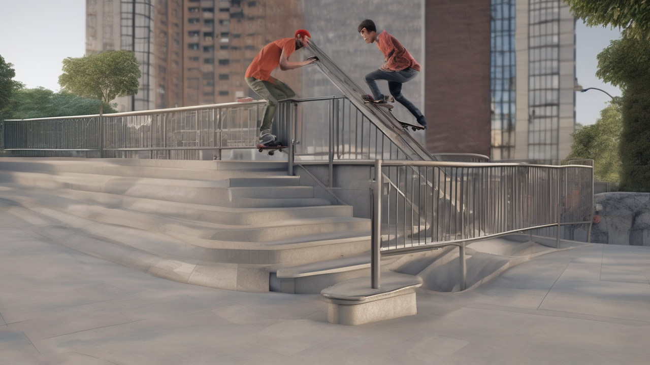 A professional skateboarder grinding a handrail down a 20-step stair set