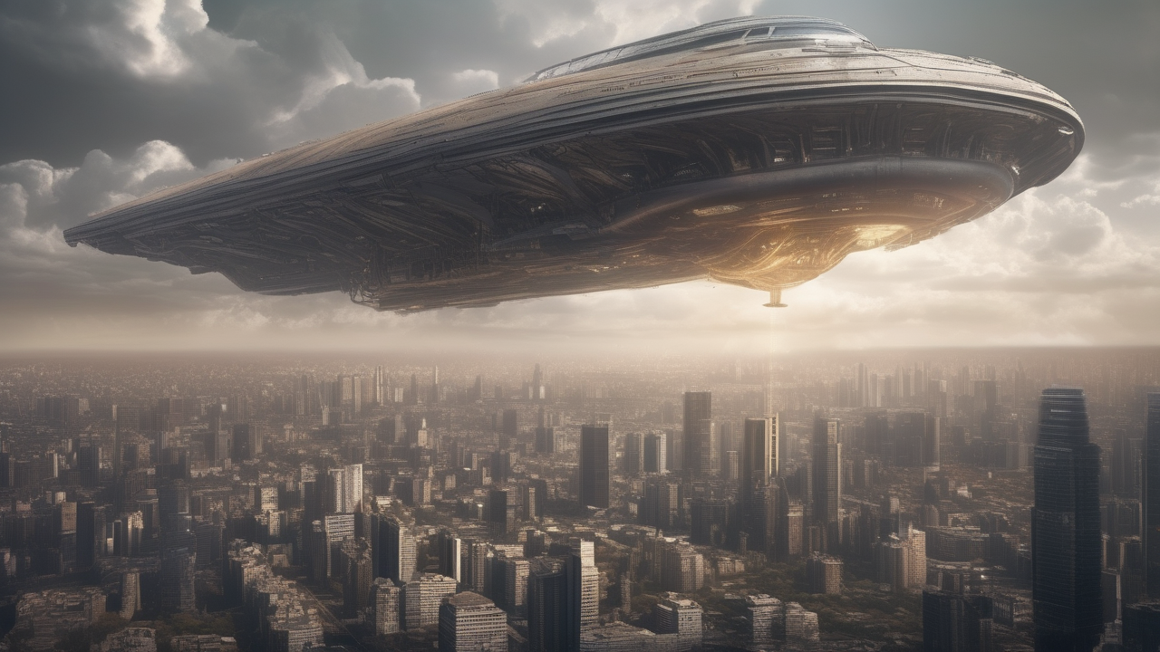 First contact alien ship hovering over a major city