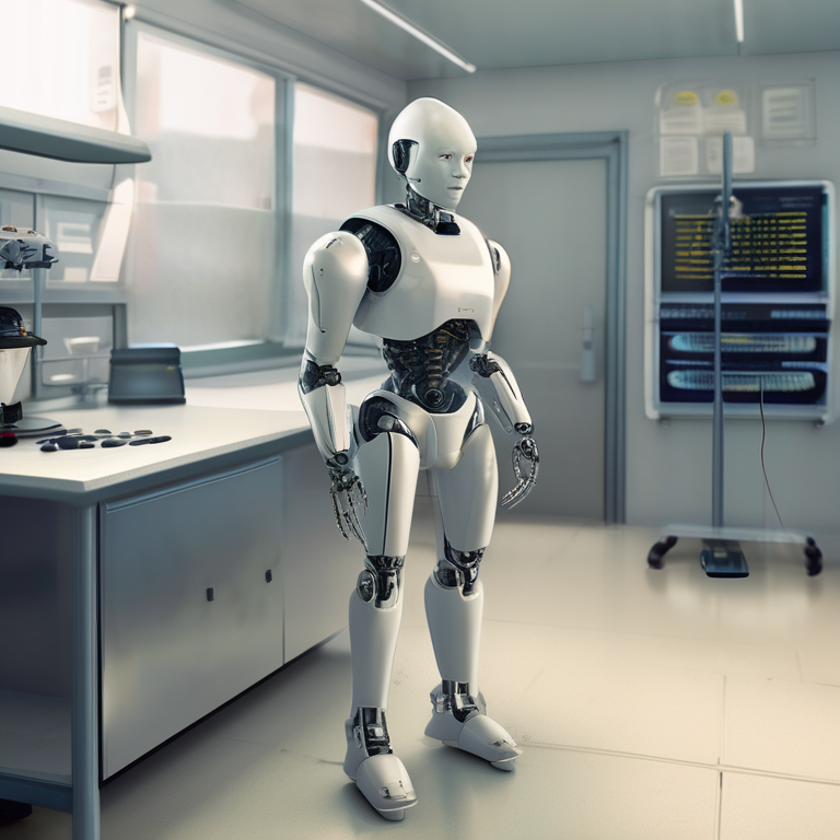 A humanoid robot gaining sentience — the moment visible in its expression