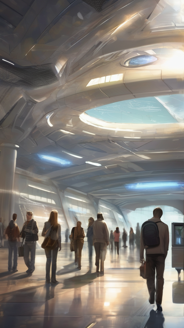 A teleportation hub — travelers arriving and departing in flashes of light