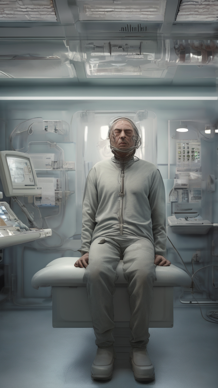 A mind-uploading clinic — a person's last physical breath as their consciousness transfers