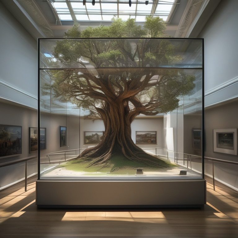 The last tree — a single ancient tree behind glass in a museum