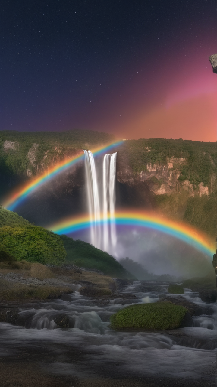 A photorealistic view of a moonbow with all colors