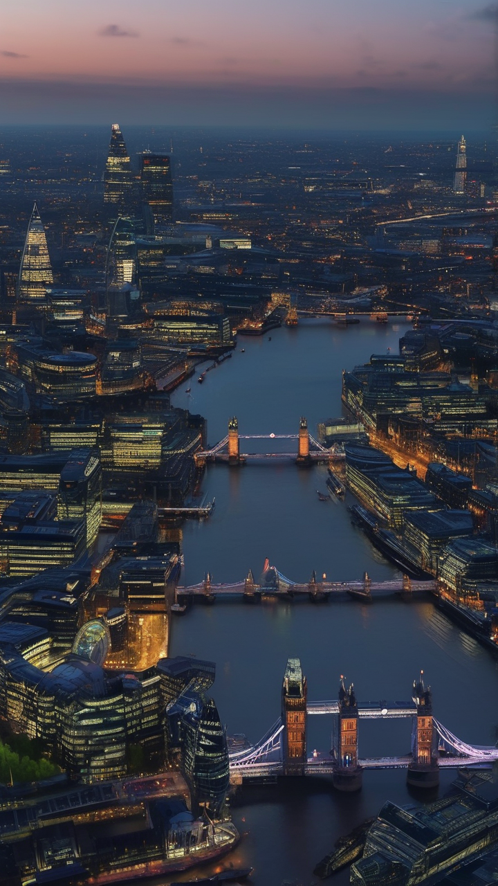 A bird's-eye view of London at blue hour
