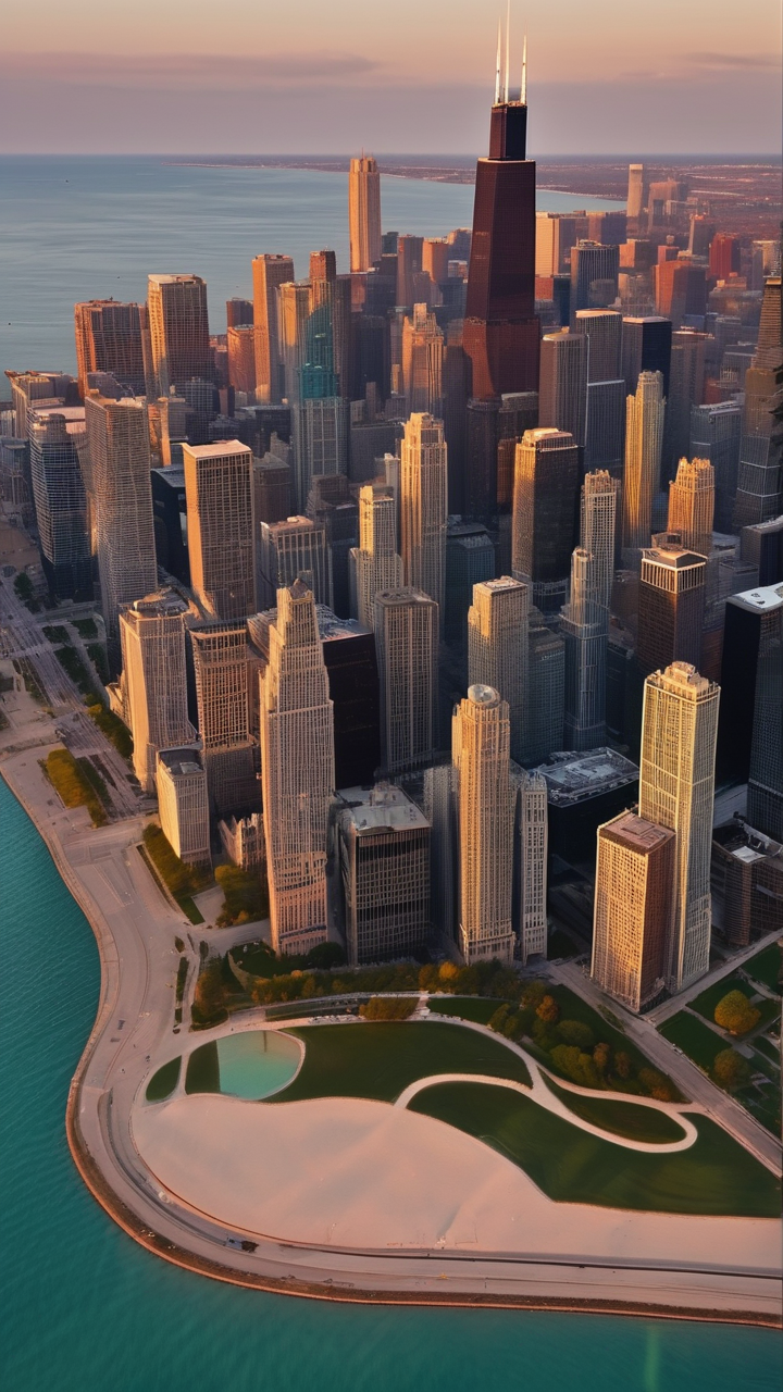 A dramatic aerial of Chicago along the lakefront at golden hour