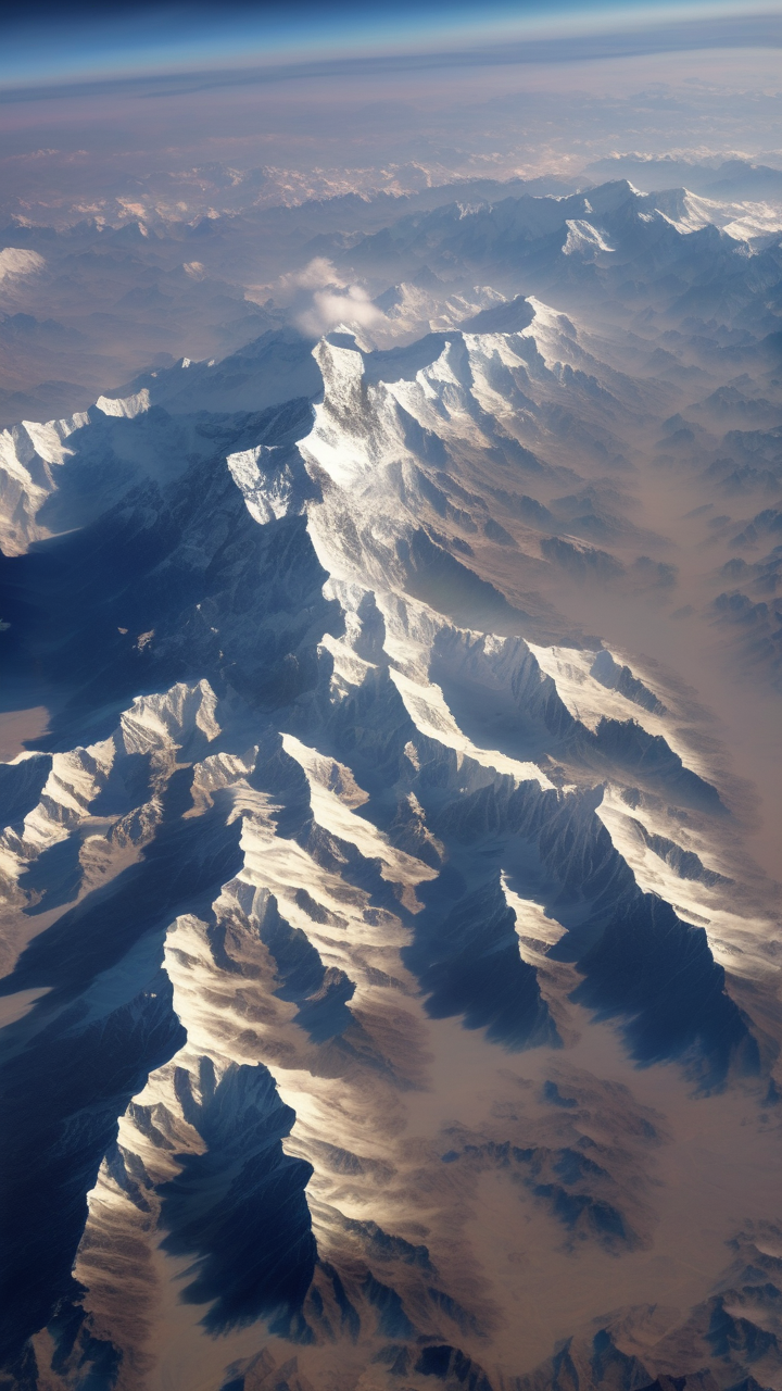 A photorealistic view of the Himalayas from space in winter