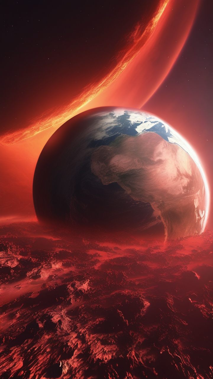 A photorealistic rendering of Earth in the far future when the Sun becomes a red giant