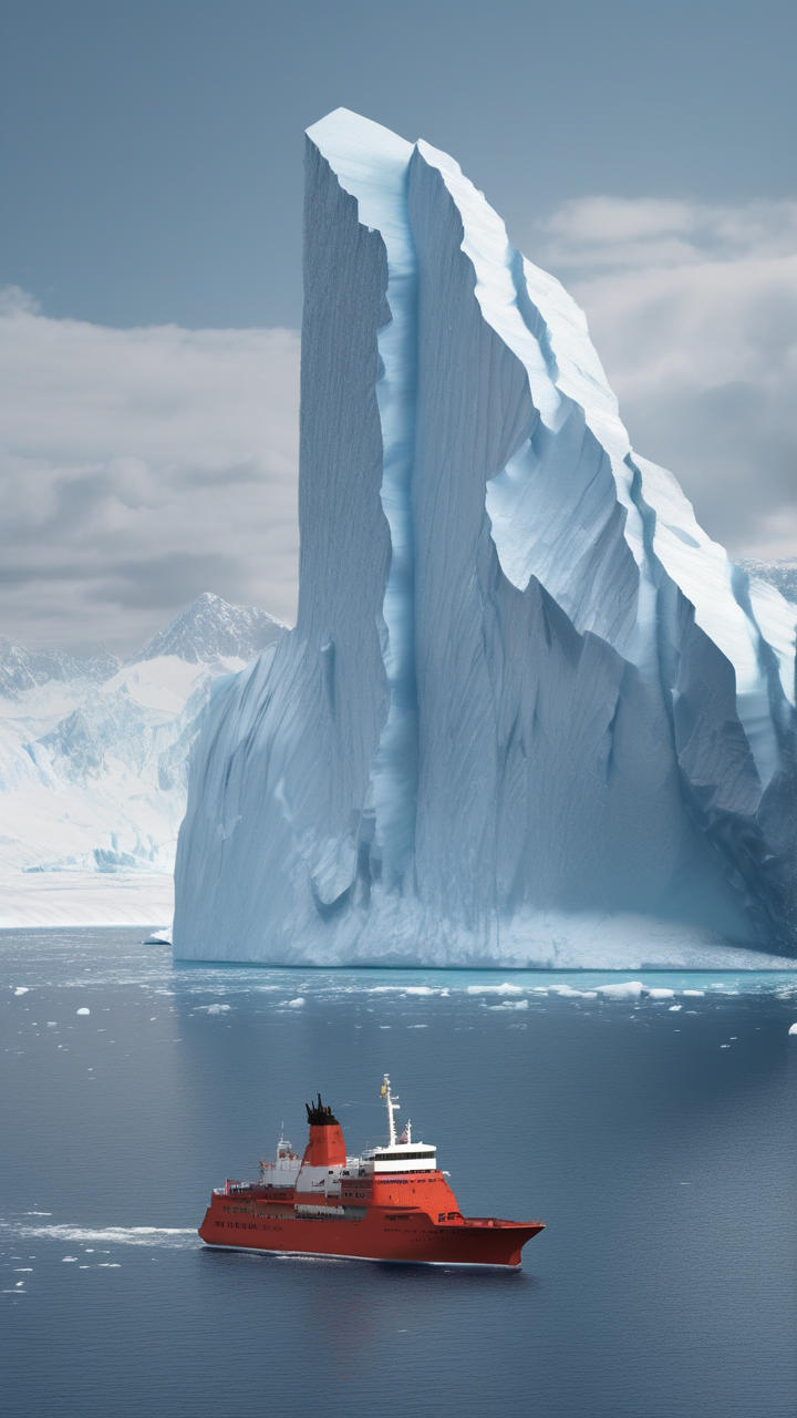 A photorealistic view of a tabular iceberg the size of a city floating in Antarctic waters