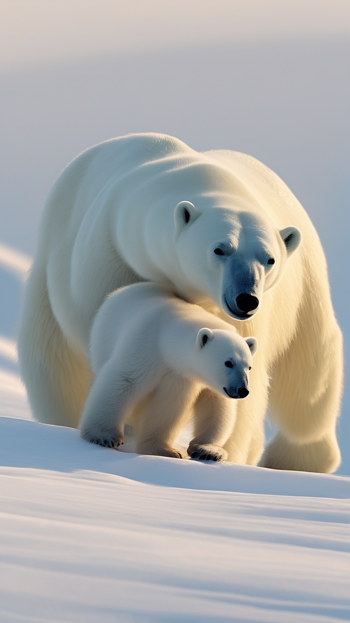 A mother polar bear and twin cubs sliding down a snow slope in Svalbard
