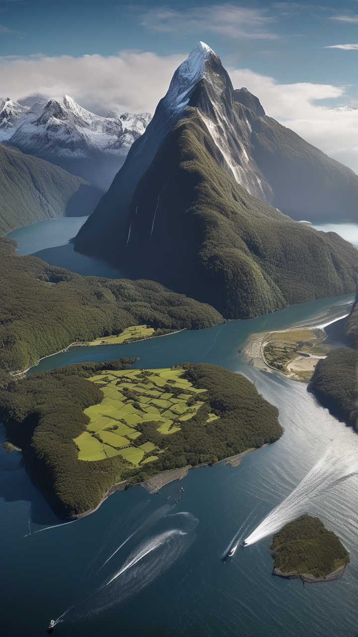 A hyperrealistic aerial of New Zealand's Milford Sound with a cruise ship