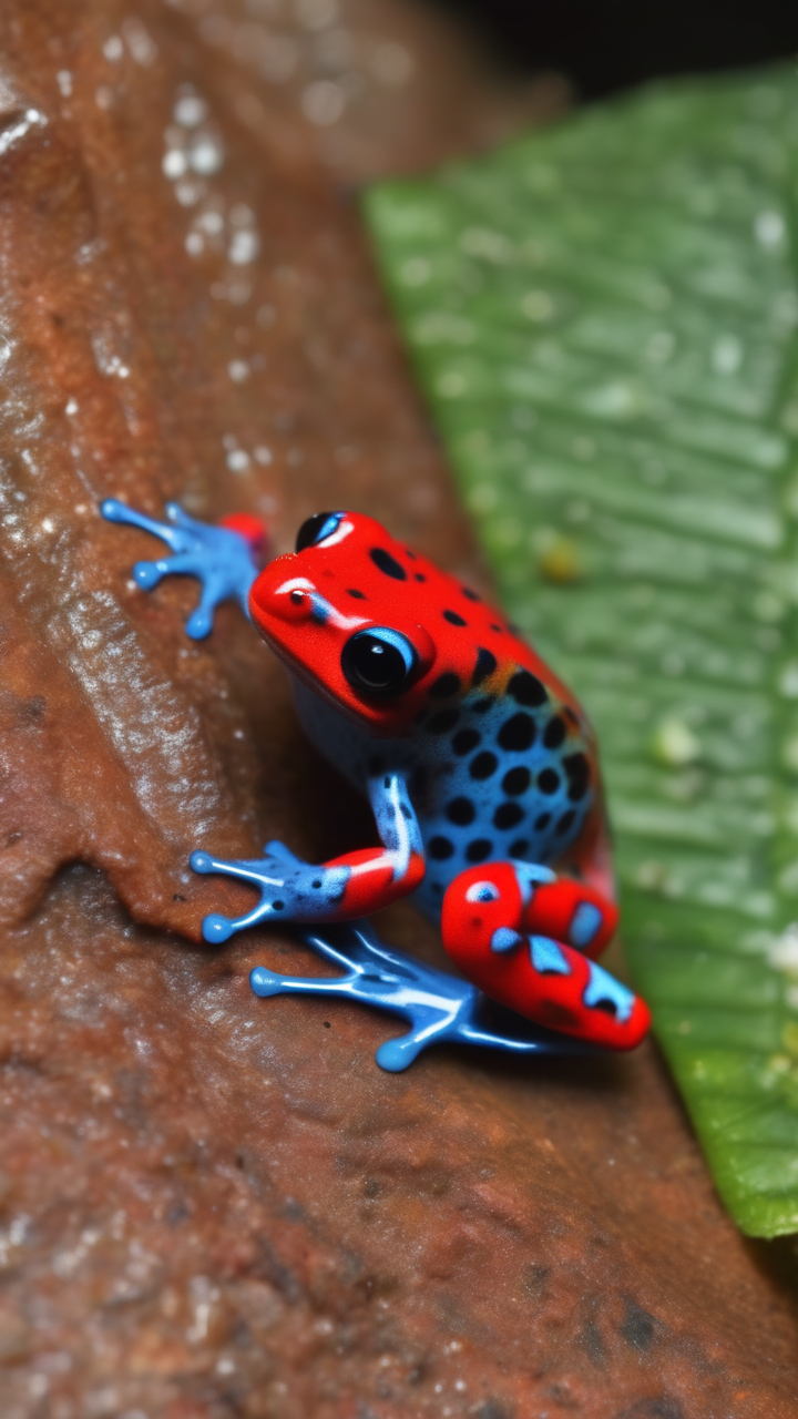 An extreme close-up of a strawberry poison dart frog