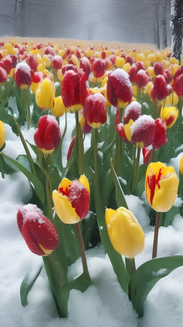 A late spring snowstorm burying blooming tulips