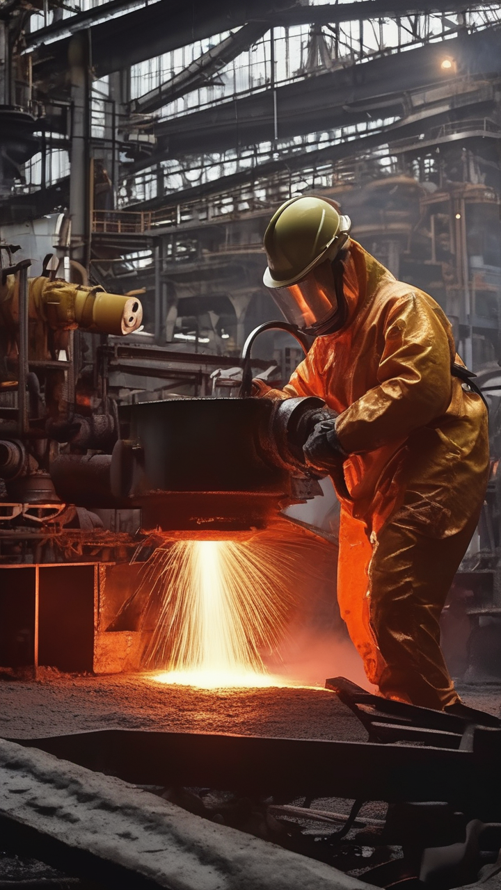 A steel mill with molten steel being poured