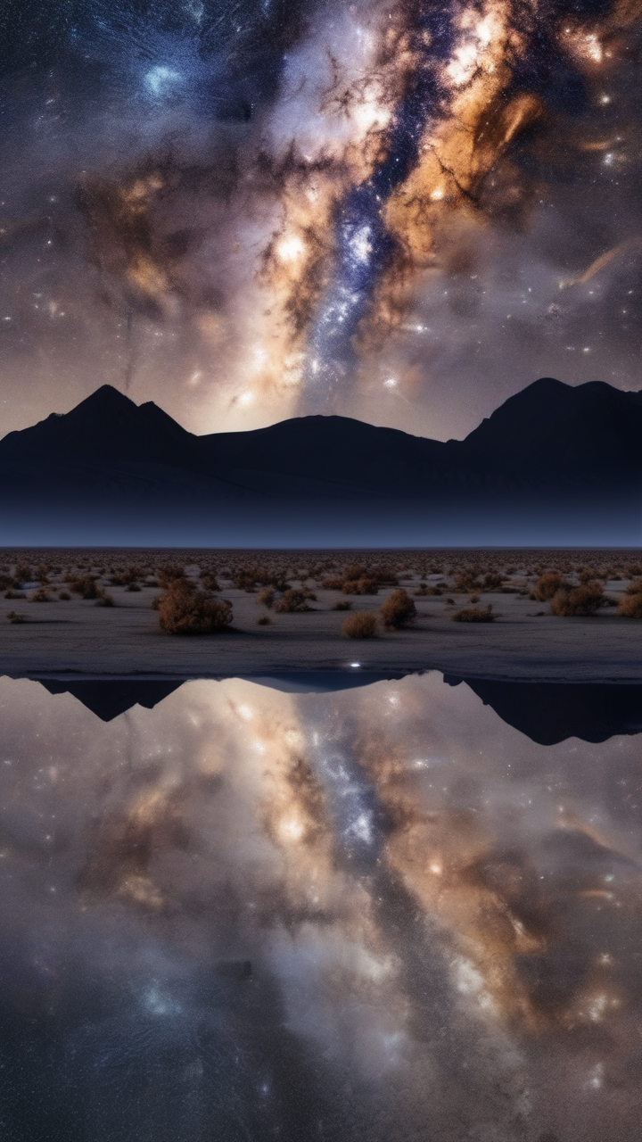 A glassy desert playa in Nevada reflecting the entire Milky Way