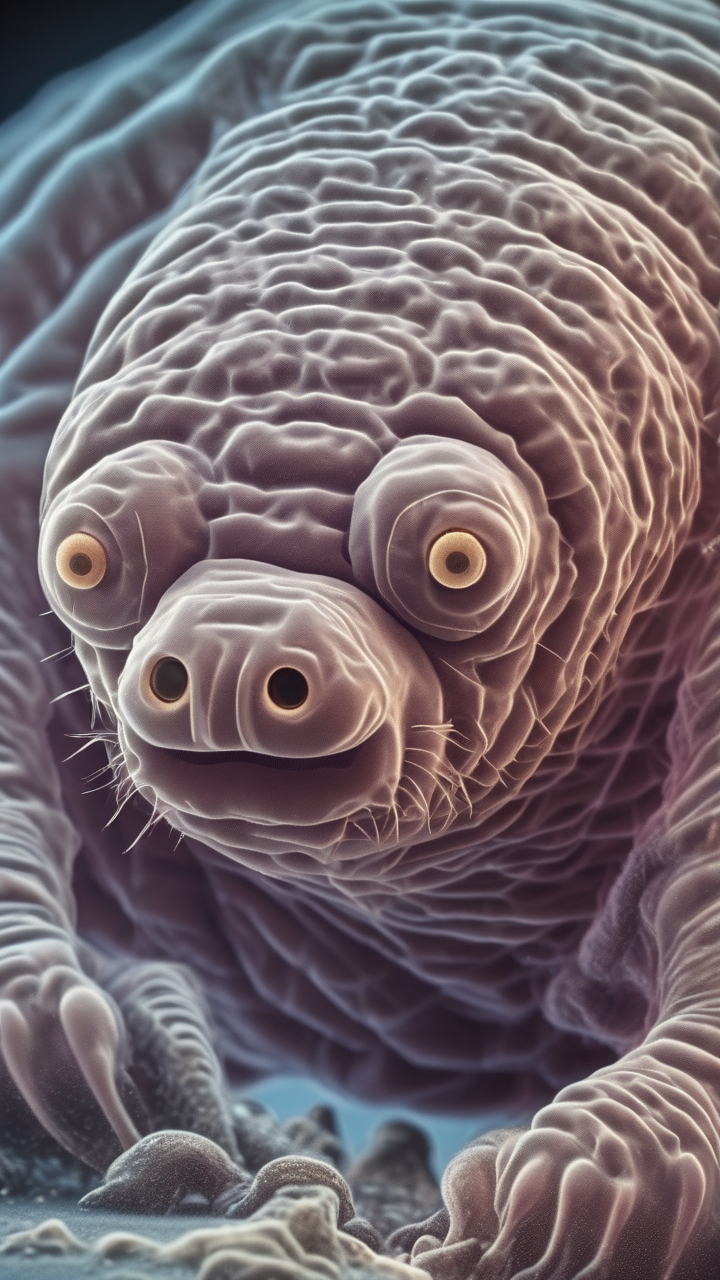 An extreme close-up of a tardigrade water bear under microscope