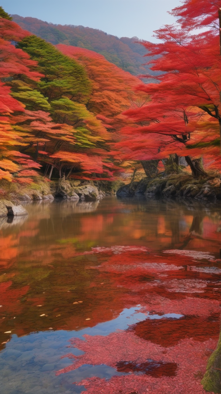 The autumn maple trees of Korankei Japan reflected in a river