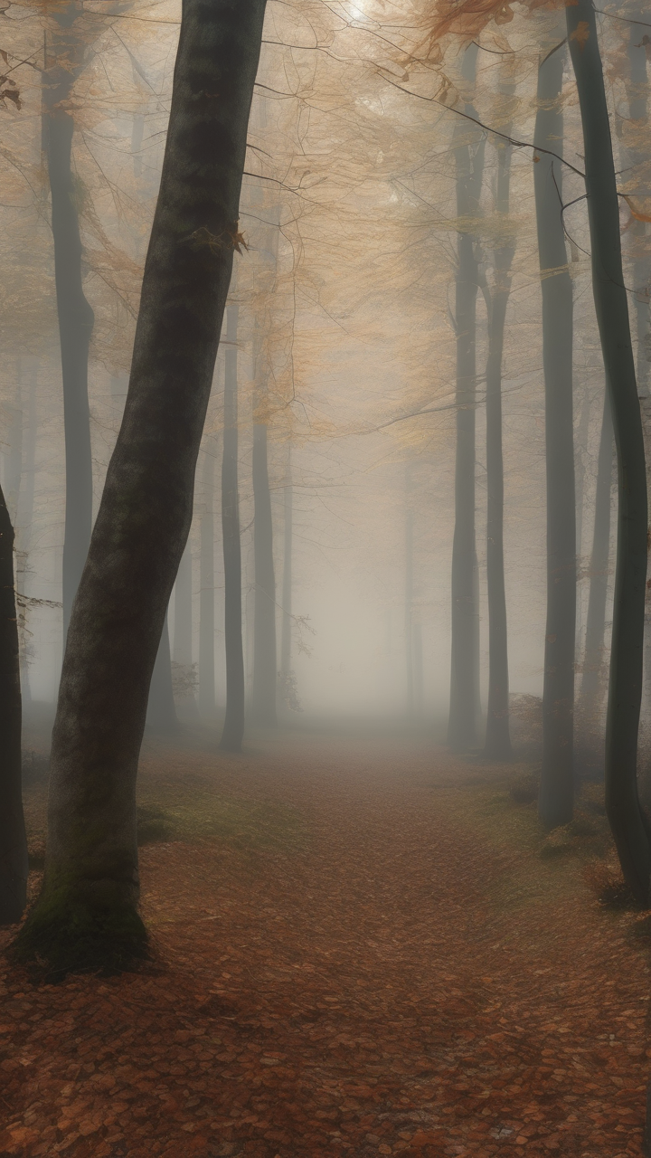 A photorealistic foggy autumn morning in a German forest
