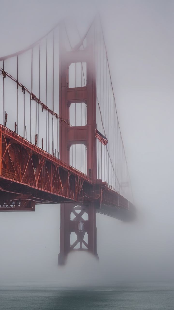 The Golden Gate Bridge completely wrapped in San Francisco fog